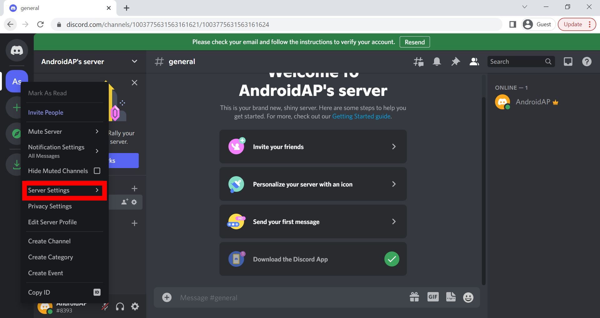 Screenshot of accessing the server settings on the Discord web page