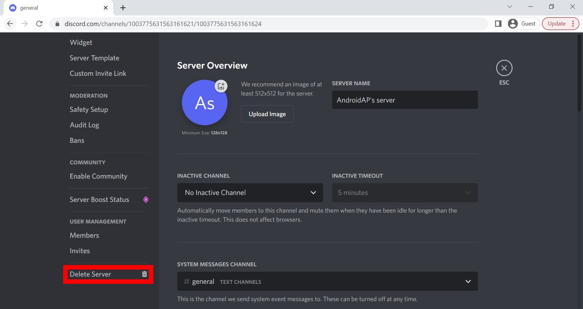 Captura de tela da opção Excluir servidor na página da Web do Discord