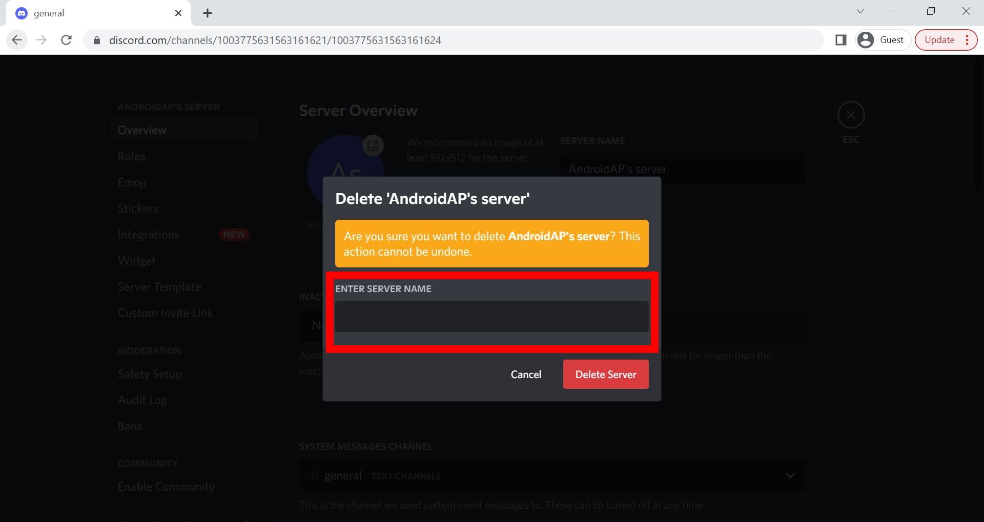 Captura de tela do campo vazio para o nome do servidor para excluir um servidor Discord na página da Web do Discord