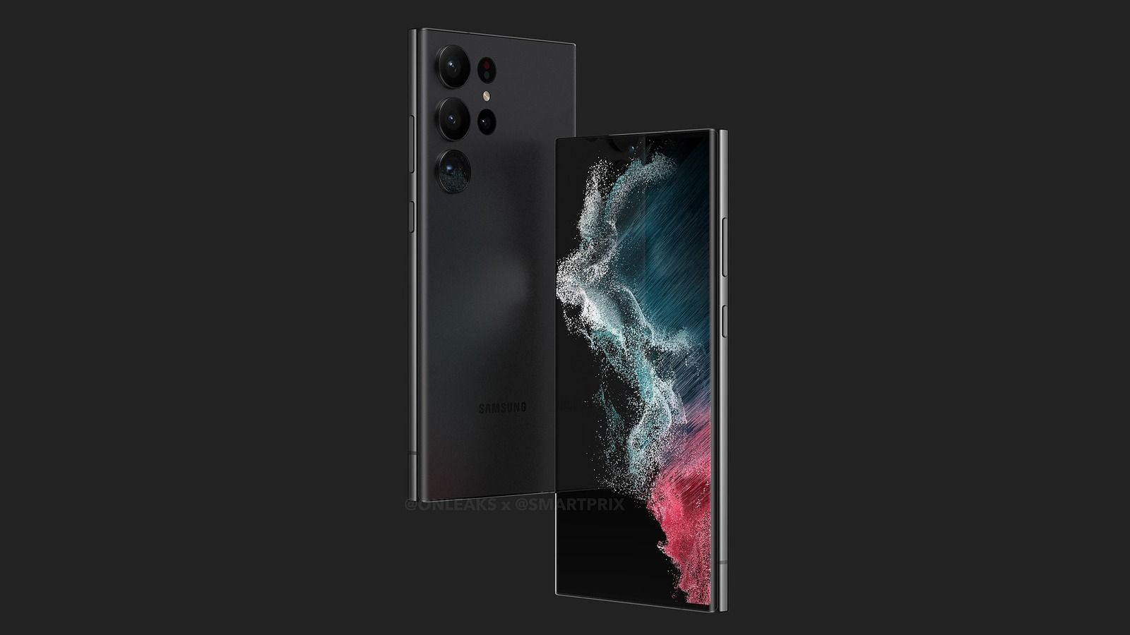 A render of the front and back of a phone on a black background