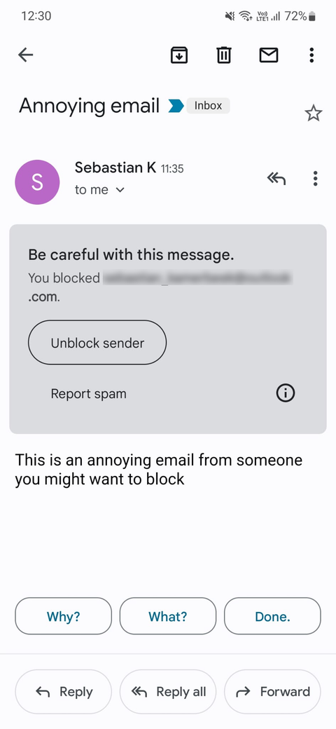 A notification in the Gmail mobile app warning you that a message is from someone you blocked