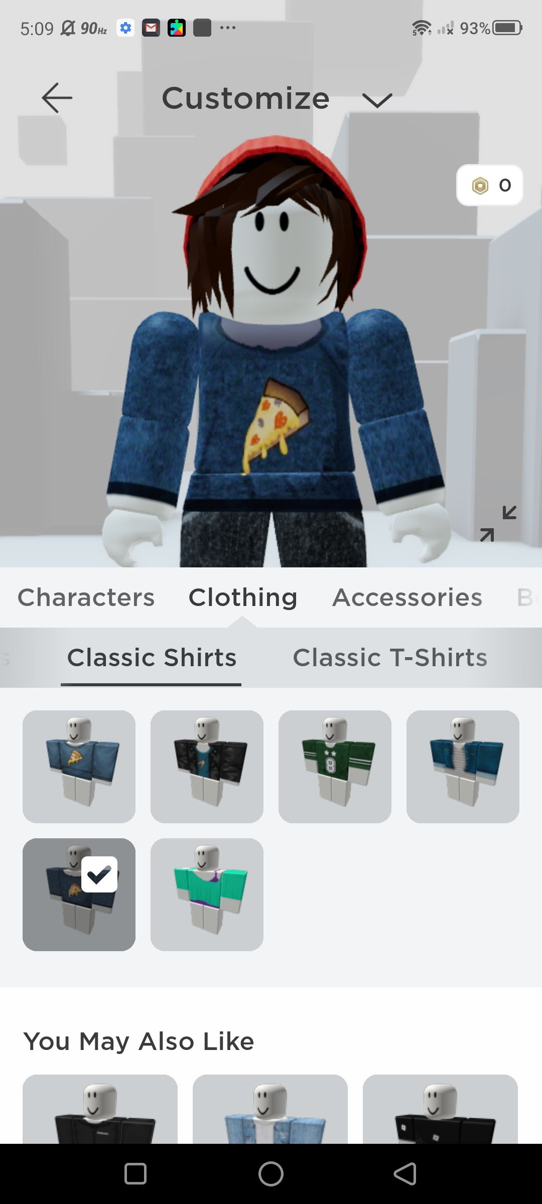roblox custom avatar page showing classic shirts and classic t-shirts