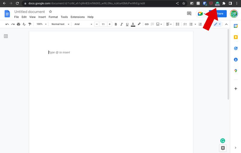 A red arrow pointing to the Grammarly Chrome Extension with a Google Docs document open