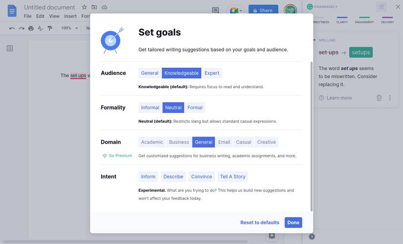 The Grammarly Set goals options in a Google Docs document