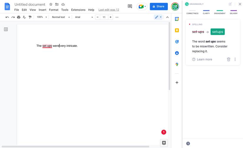 A Google Docs document with the Grammarly sidebar open and a suggestion expanded in the sidebar