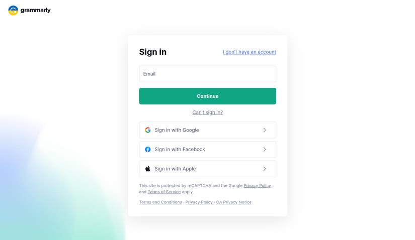 Grammarly sign in or create account page that pops up after installing the extension