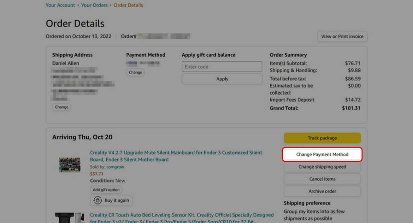 red rectangle outline highlighting Change Payment Method at the right of the Amazon order