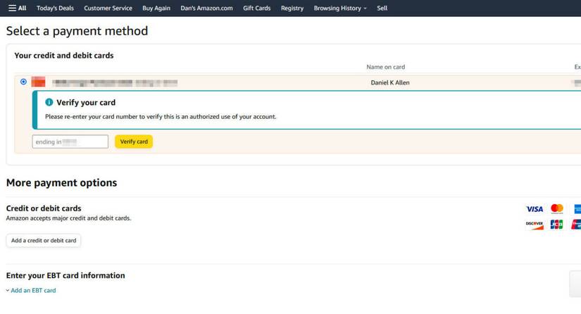 A radio button next to Verify your card after selecting a new card on Amazon