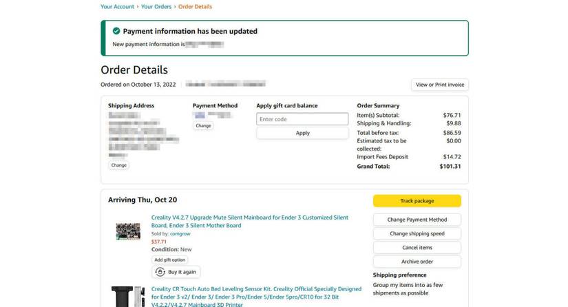payment information has been updated confirmation page and amazon order details with options