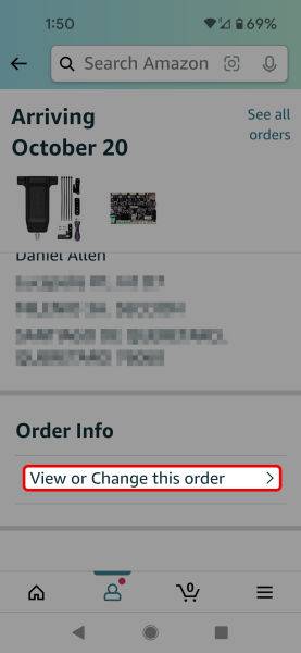 red rectangle outline over View or Change this order in Amazon mobile app