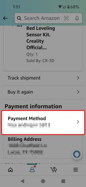 red rectangle outline over payment method under order details on Amazon mobile app