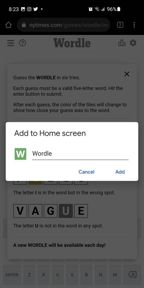 Screenshot of adding Wordle to your home screen