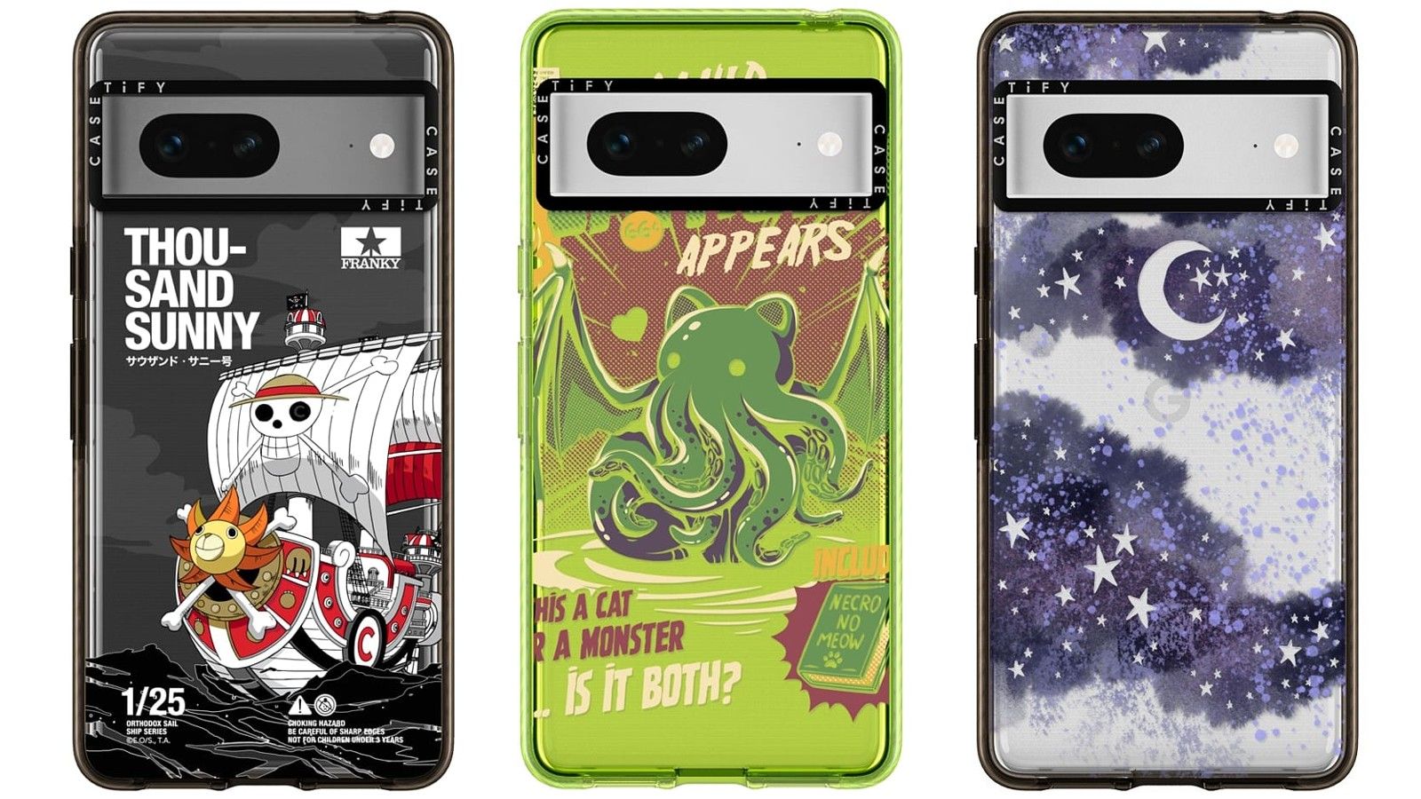 Casetify Impact Series for Pixel 7: Thousand Sunny, Cathulu, and Inky Night Sky