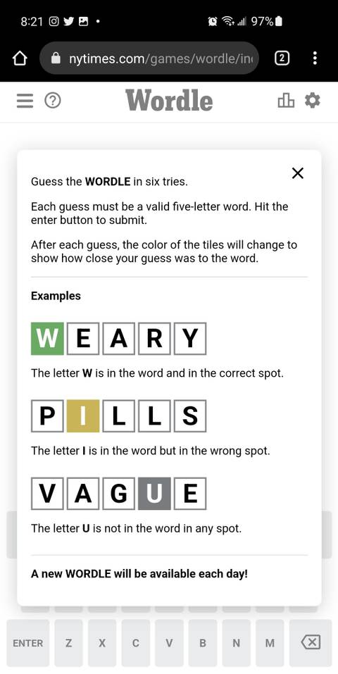 Screenshot of the mobile web browser of Wordle