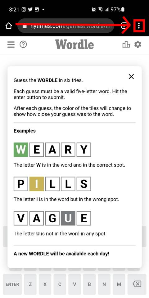 Screenshot of the vertical three dots/kebab menu on Google Chrome (mobile browser)