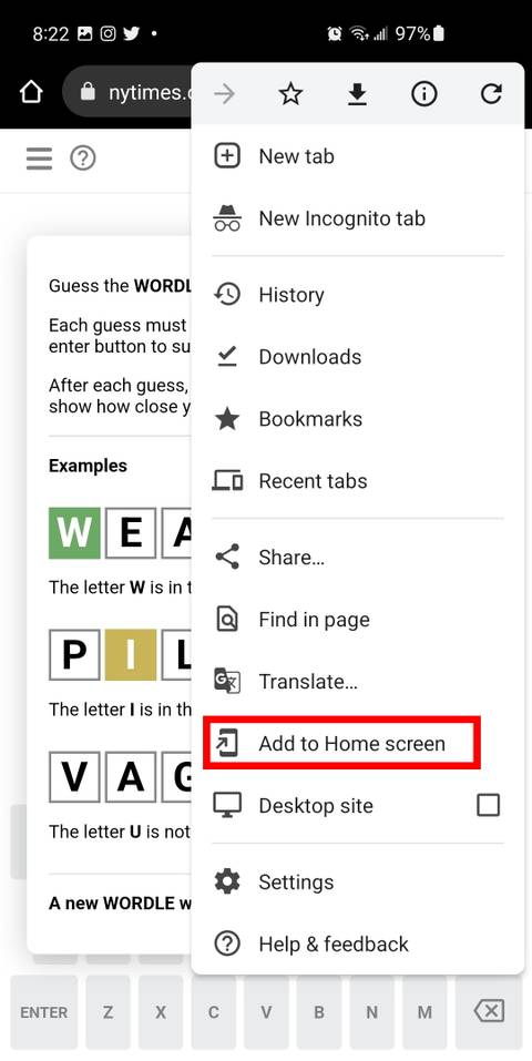 Screenshot of accessing the overflow menu "Add to Home screen" option