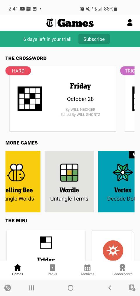 Screenshot of the NYT Crosswords app home page