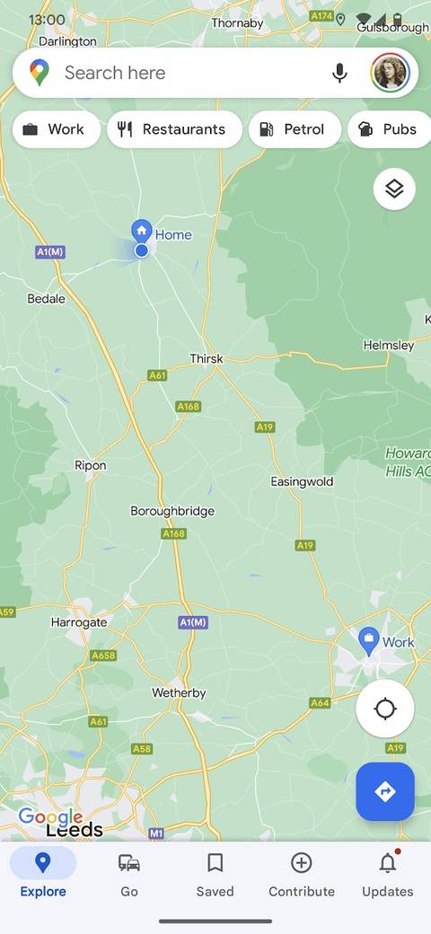 The Google Maps mobile app showing roads and traffic conditions in yellow.