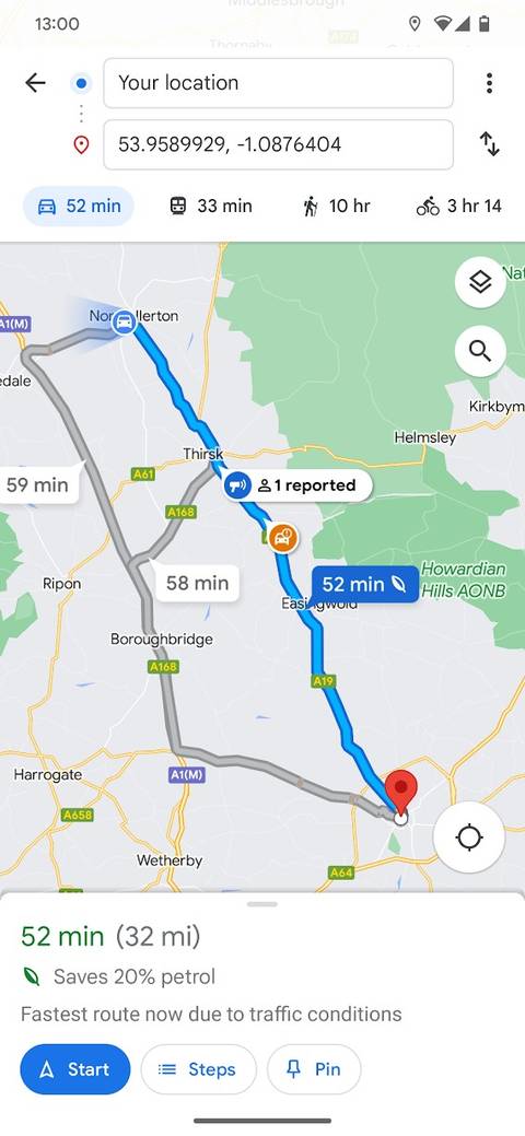 The Google Maps mobile app showing the commute route in blue with traffic warnings along it.