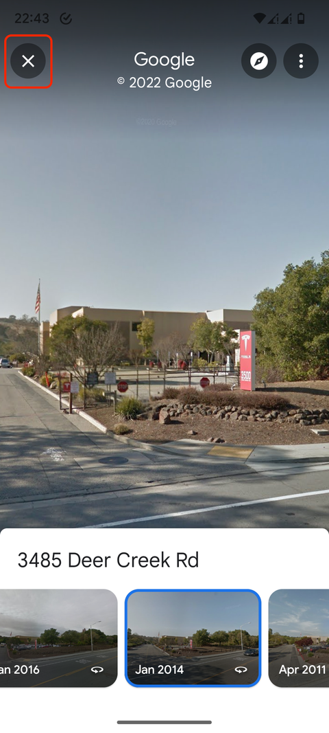 Highlighting the close icon in the upper-left corner to close the Timelapse on the Google Maps for Android app