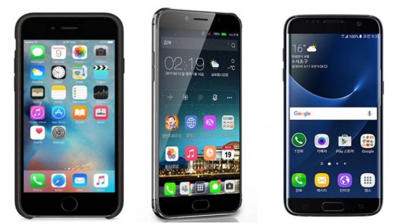three smartphones showing home screen apps