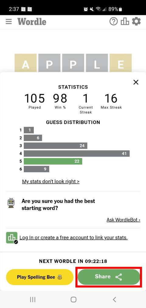 Screenshot of the Share button on Wordle