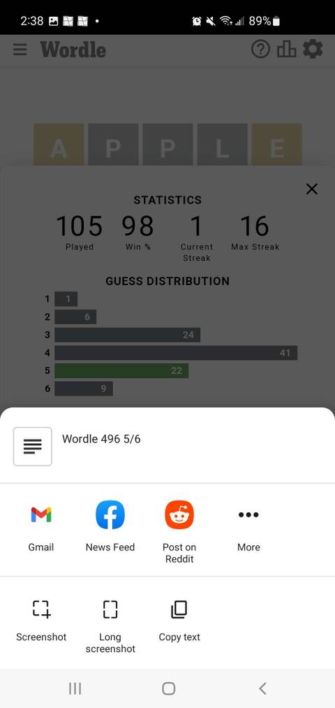 Screenshot of the Share options on Wordle