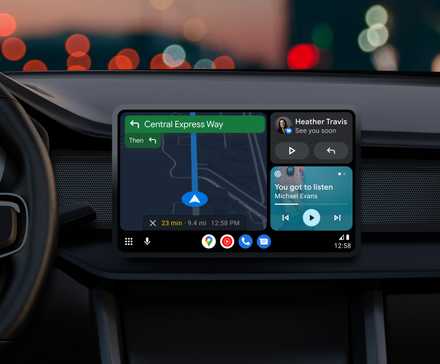 A vehicle's infotainment screen displays Android Auto's Google Maps