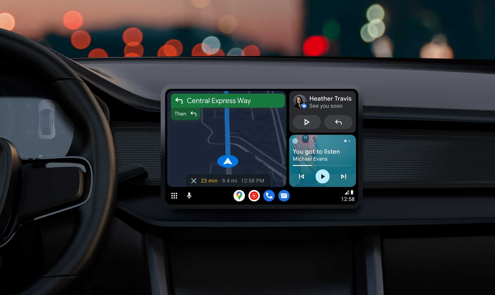 A vehicle's infotainment screen displays Android Auto's Google Maps