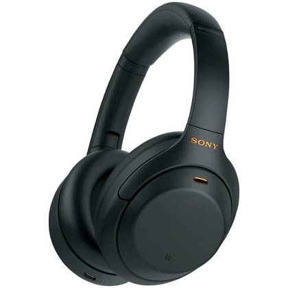 Black Sony WH-1000XM4 over-ear headphones positioned at an angle on white background