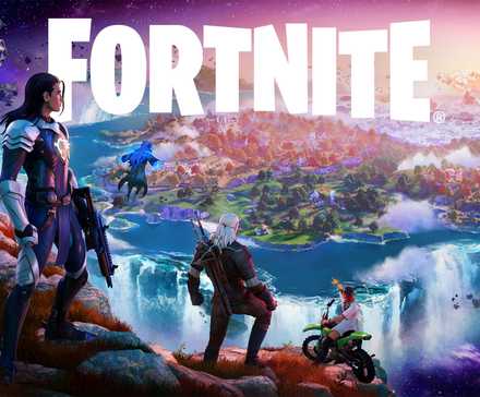Fortnite characters on a hillside with an island in the background and the Fortnite logo central