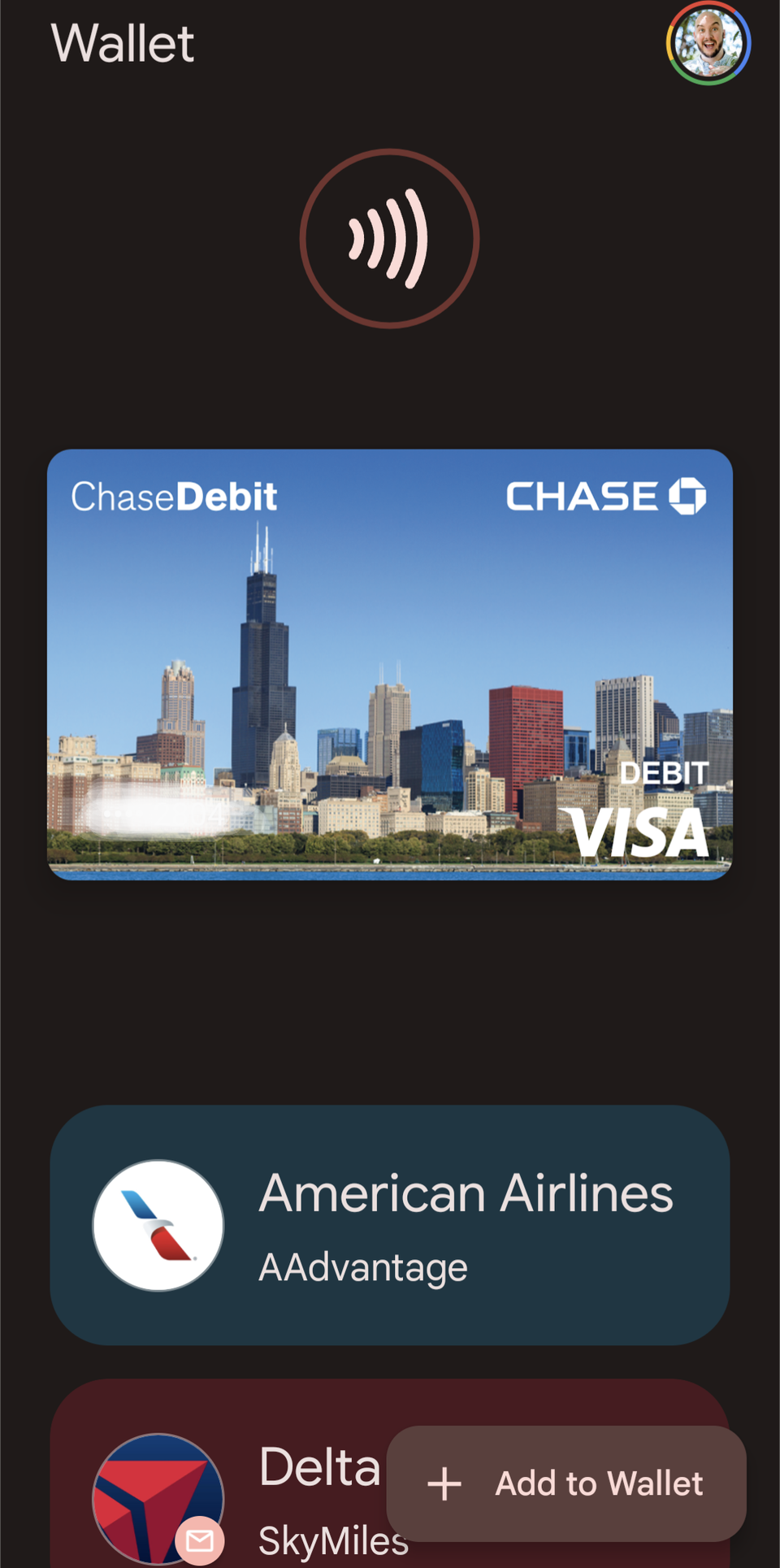 La home page dell'app Google Wallet che mostra le opzioni della carta e l'opzione Aggiungi a Wallet in basso