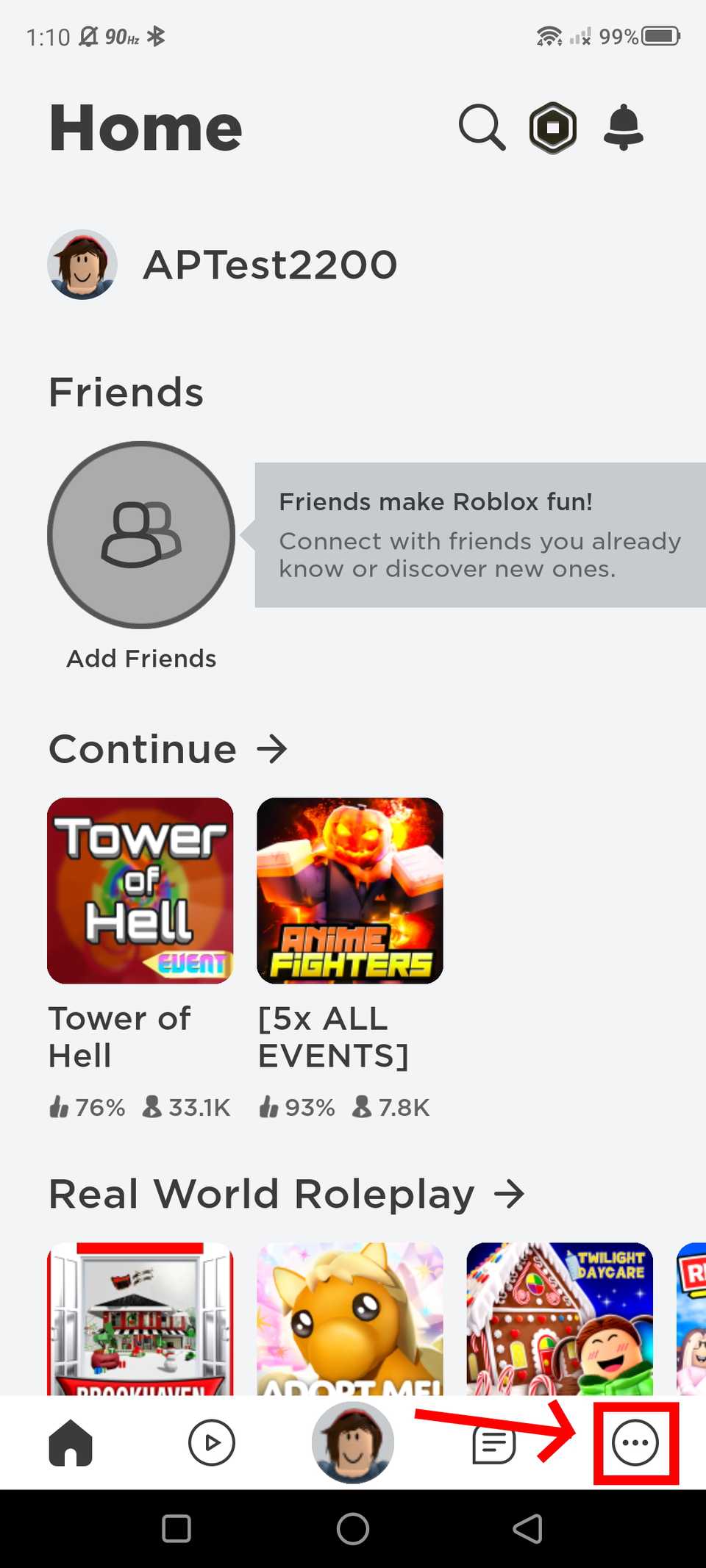 red arrow pointing to red square outline over triple three dot icon in roblox toolbar