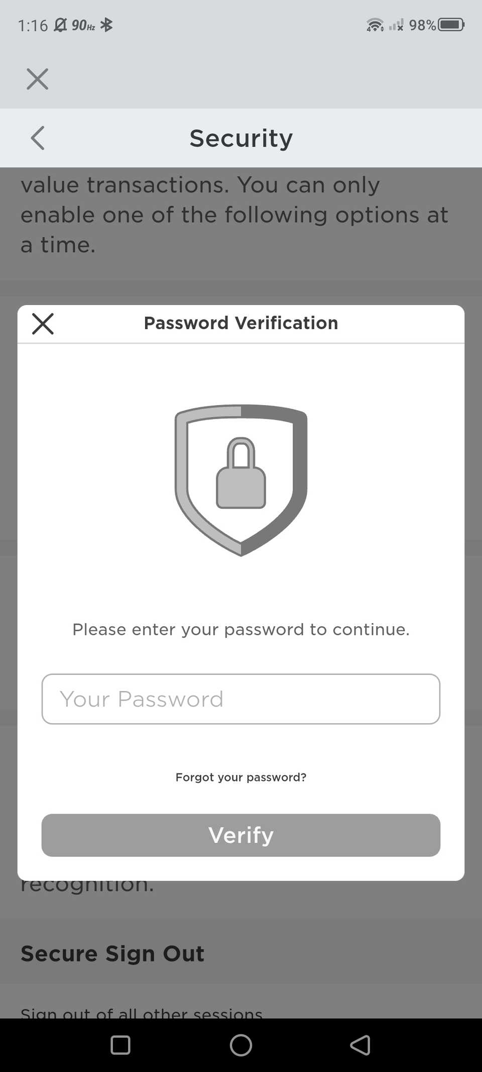 roblox password verification window with empty field and grayed verify button