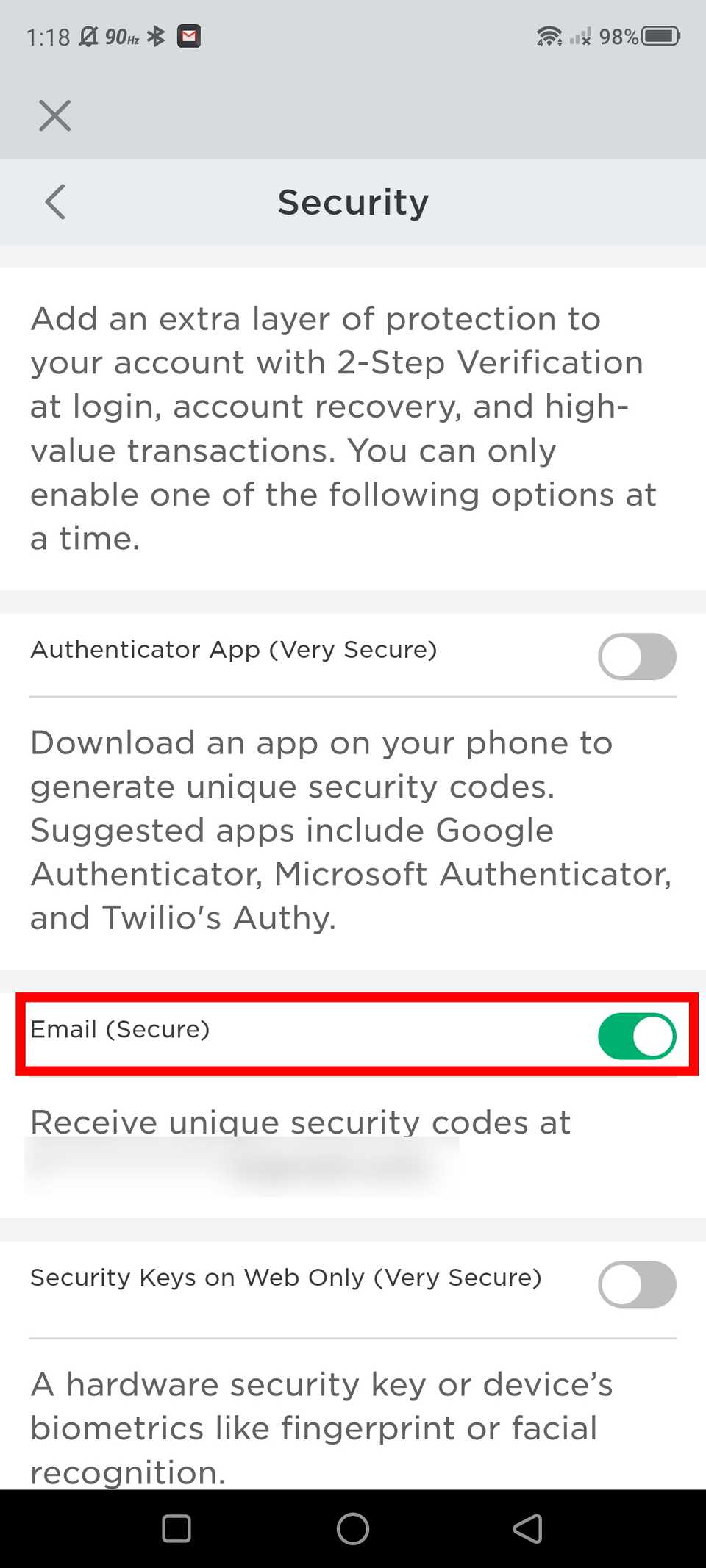 red rectangle outline over toggled email (secure) 2FA option
