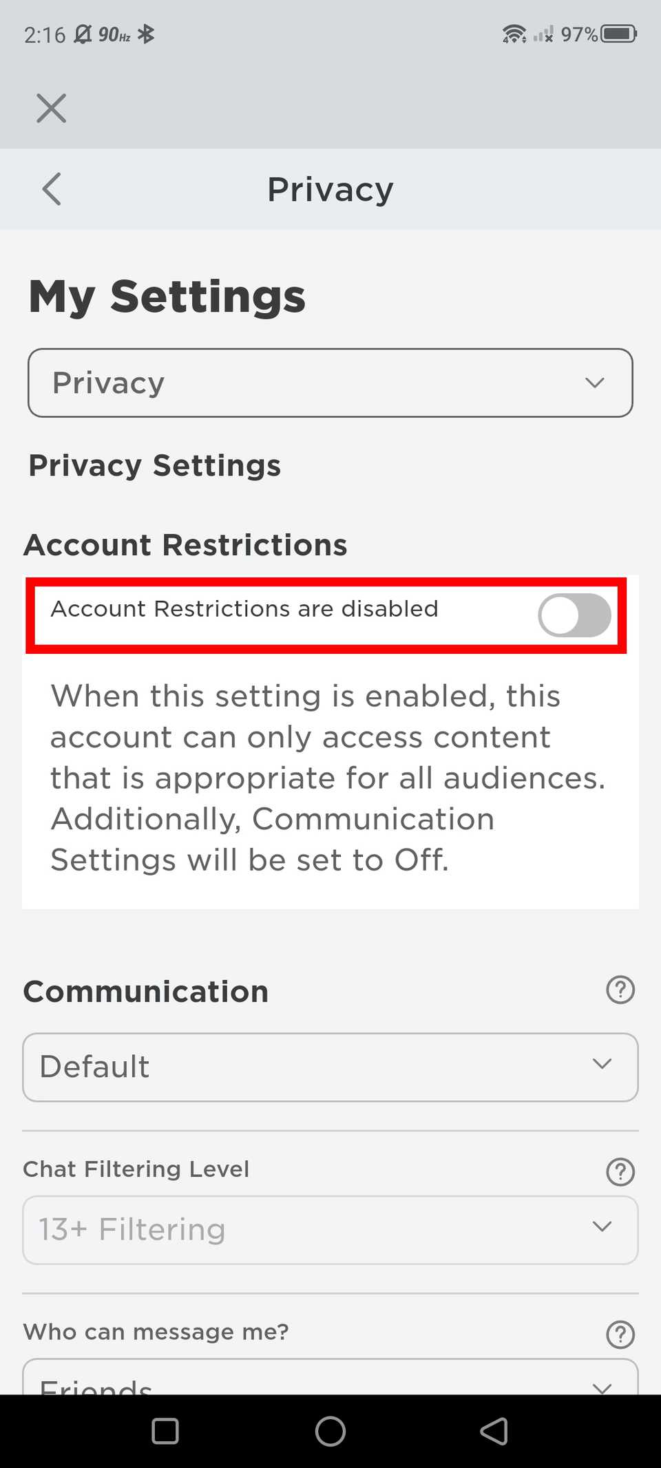 red rectangle outline over account restrictions toggle