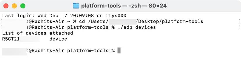 running adb devices command on desktop