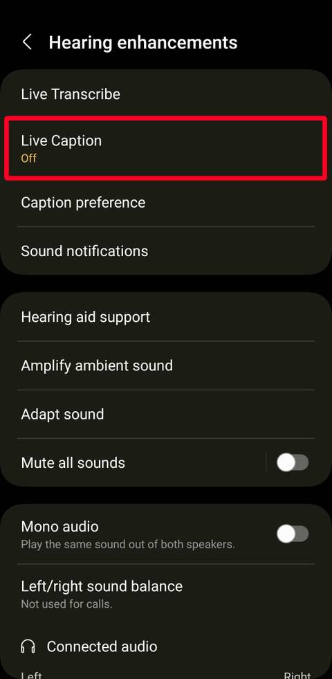 Samsung phone Hearing Enhancements menu on Android 13