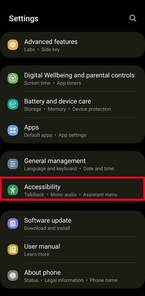 Samsung settings menu on Android 13
