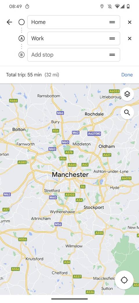 Google Maps mobile app showing a start address and two destinations.