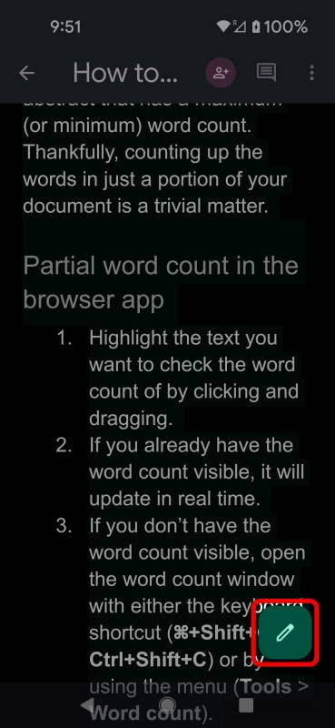 Google Docs mobile app screenshot highlighting the Edit mode button