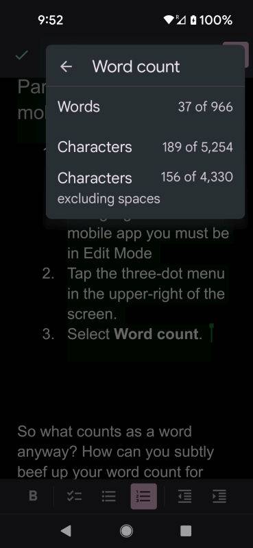 Google Docs mobile app Word count window showing a partial word count