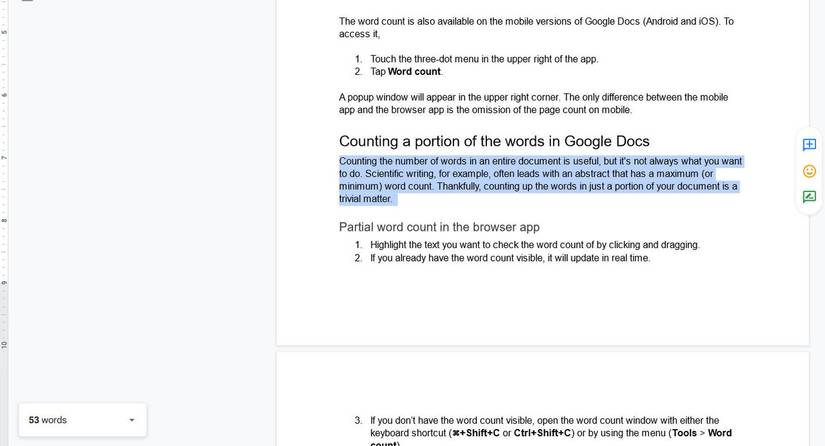 highlighted text in Google Docs with a partial word count in the lower-left corner