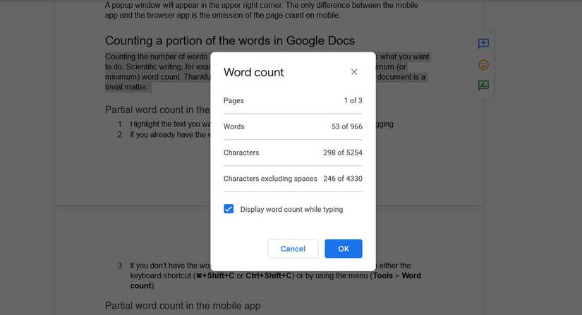 Word count window in Google Docs showing a partial word count