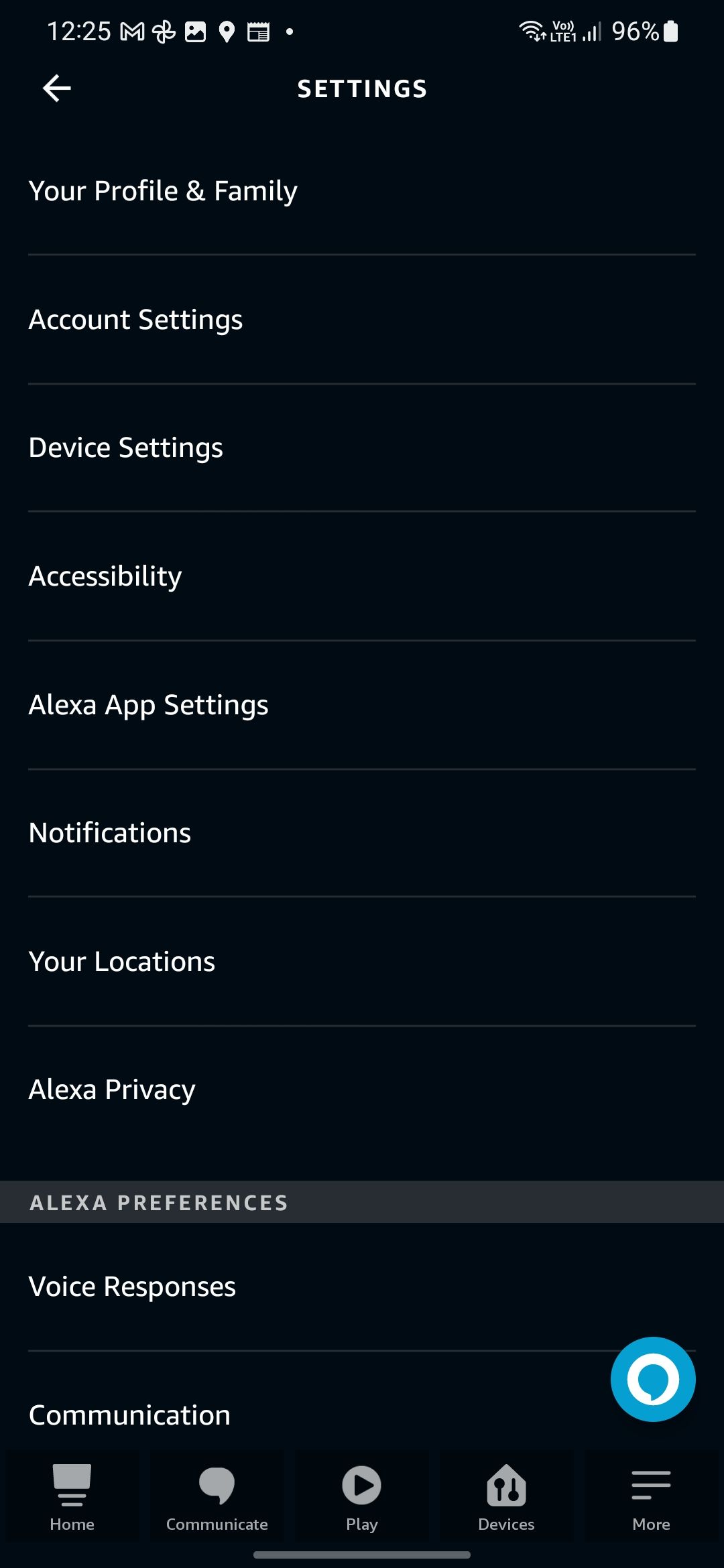 Menu de configurações no aplicativo Amazon Alexa