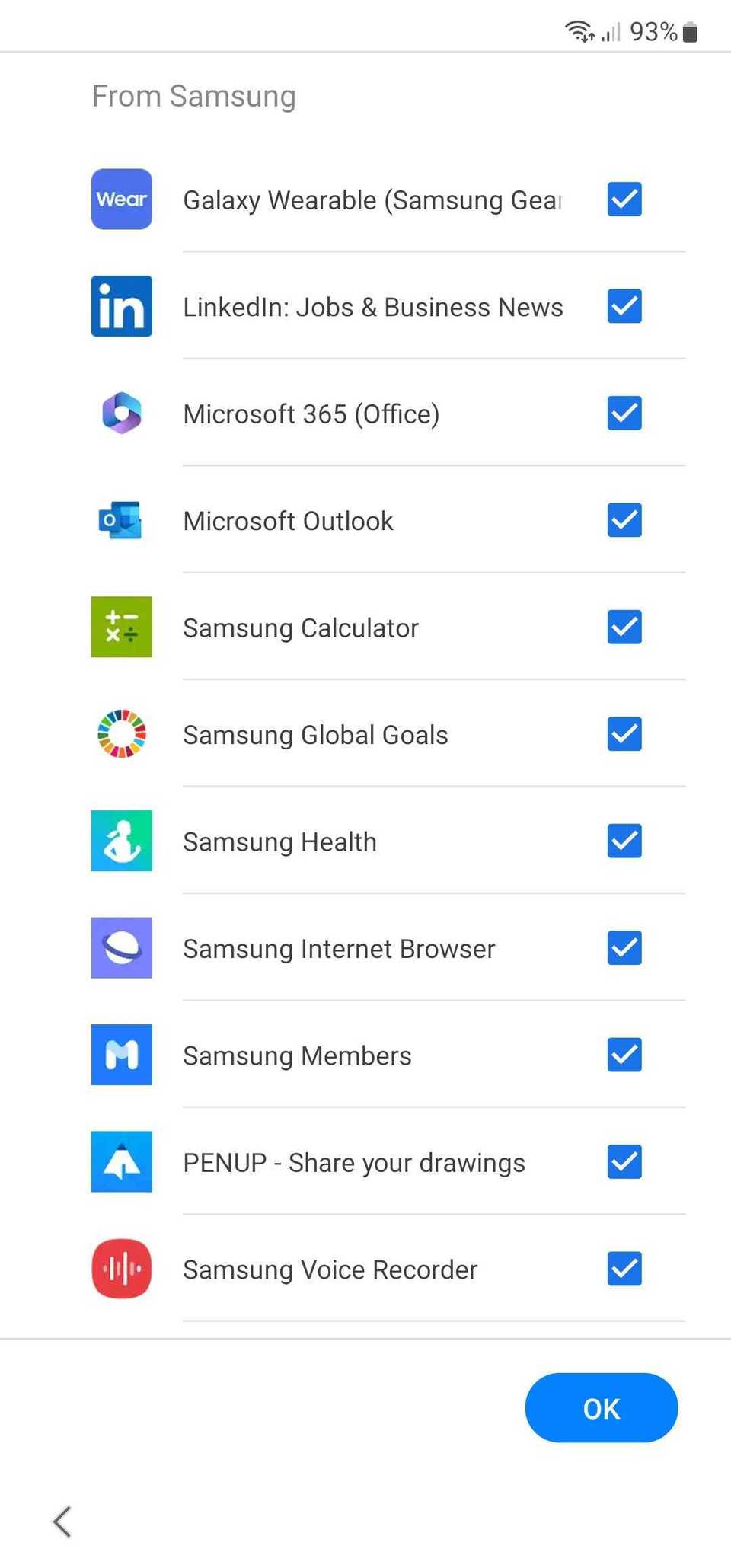 قائمة بتطبيقات Samsung المثبتة مسبقًا والتي يمكن إزالتها من هواتف Samsung Galaxy تظهر مربعات الاختيار وزر موافق