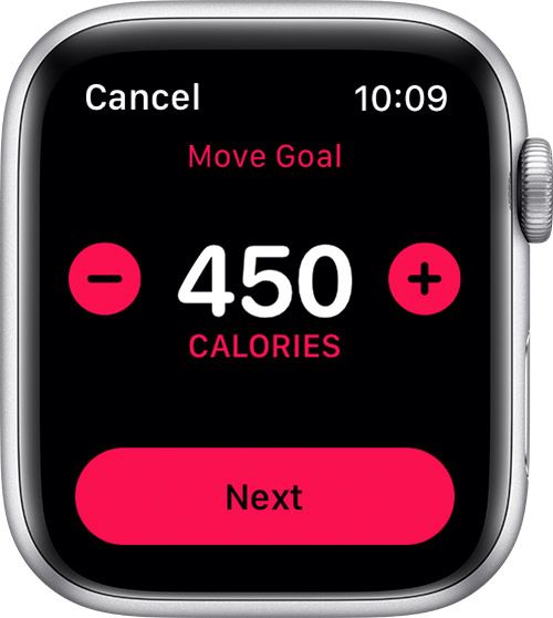 Opções para alterar o objetivo do Move no Apple Watch.