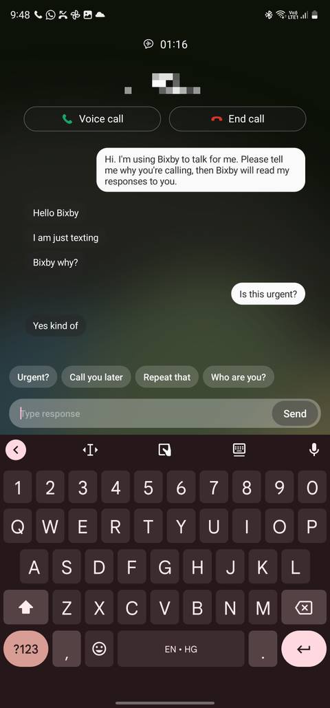 Bixby Text Call Screen when typing a response