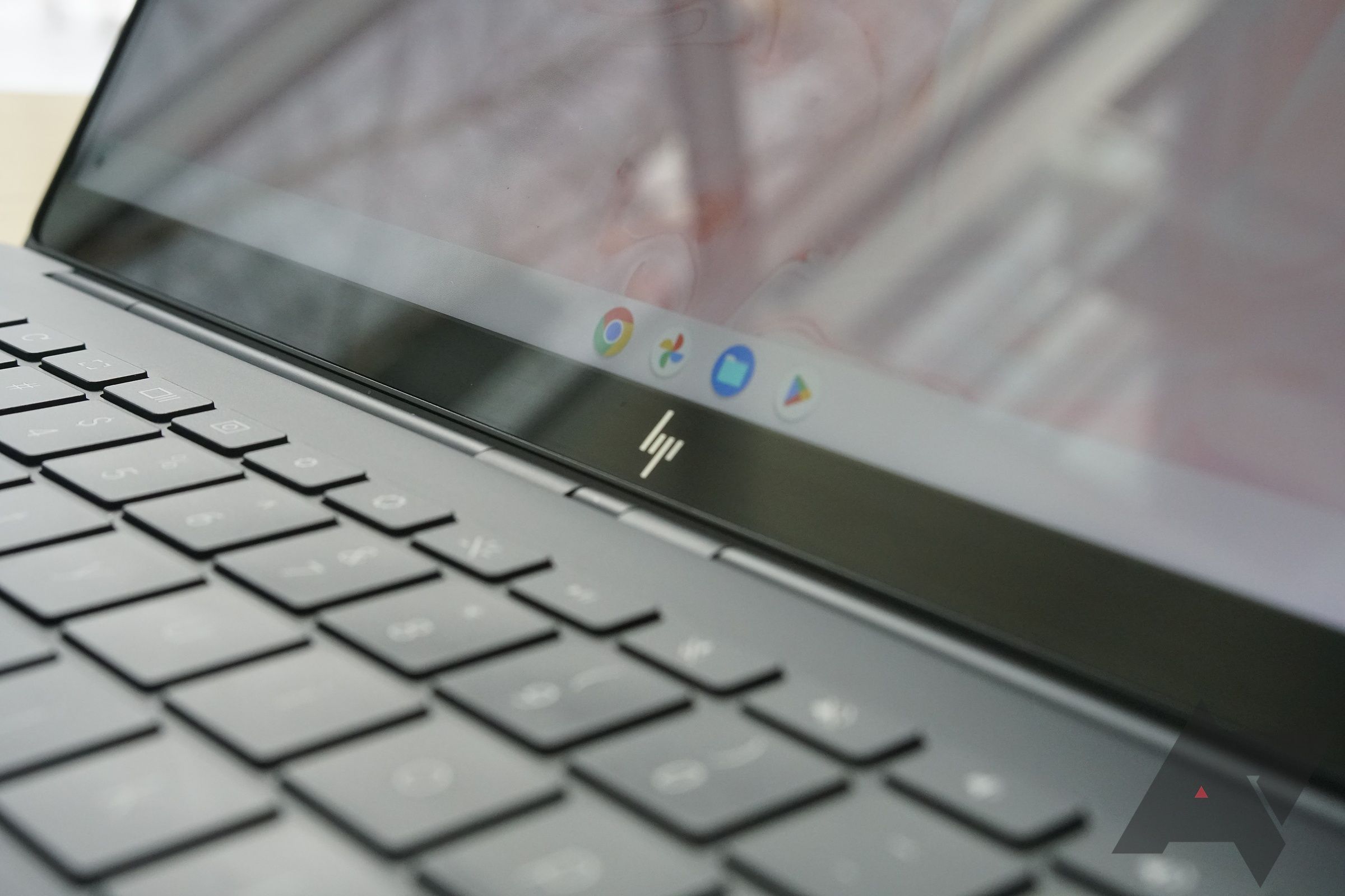 Closeup of HP's Dragonfly Chromebook showing menu buttons.