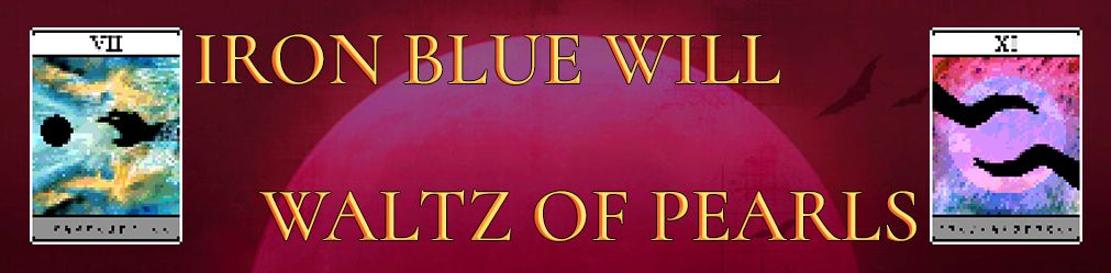 banner showing the Iron Blue Will and Waltz of Pearls Arcana from Vampire Survivors
